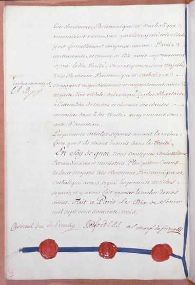 Treaty of Paris, ending the Seven Years War, signed by France, Great Britain and Spain on 10th February 1763 by French School